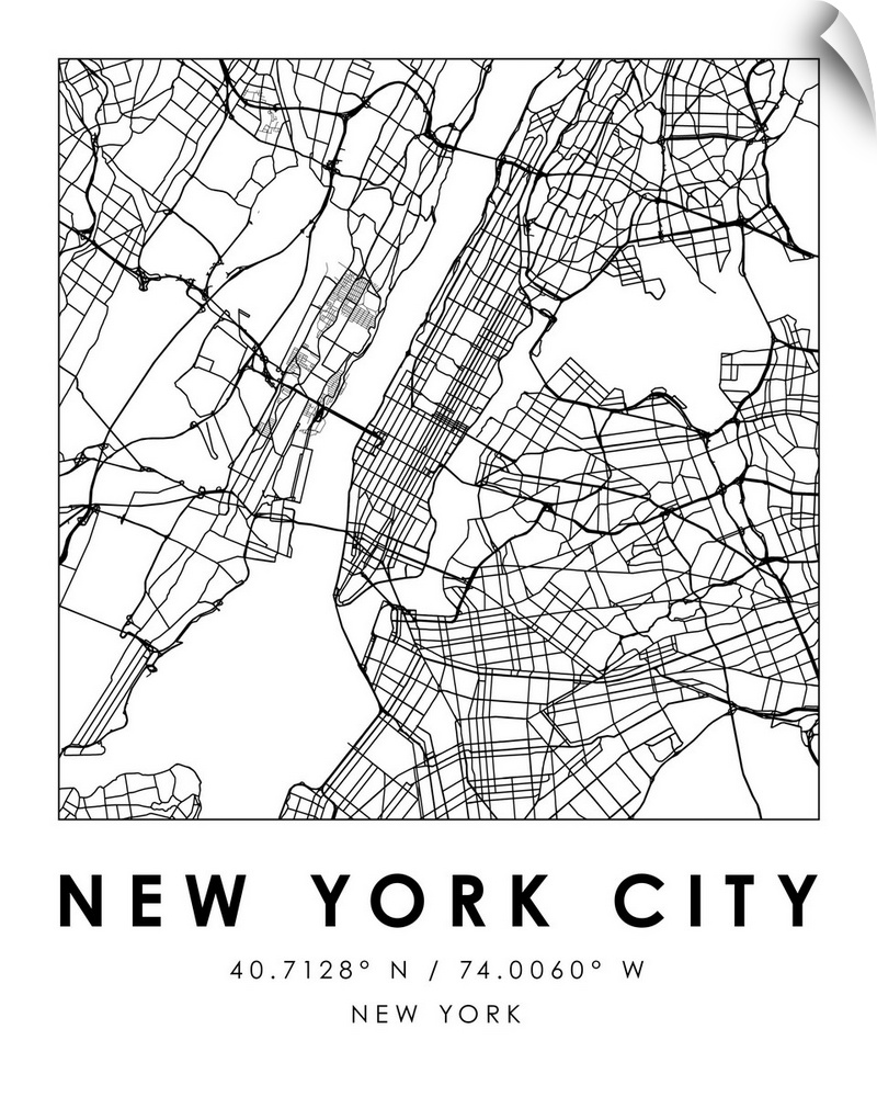 Black and white minimal city map of New York City, New York, USA with longitude and latitude coordinates.