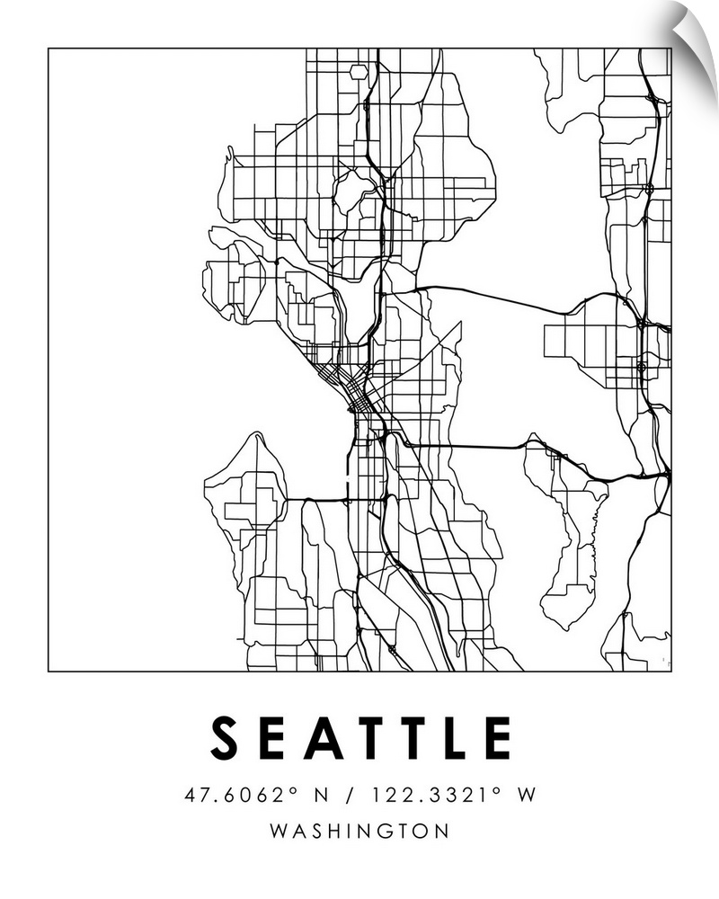 Black and white minimal city map of Seattle, Washington, USA with longitude and latitude coordinates.
