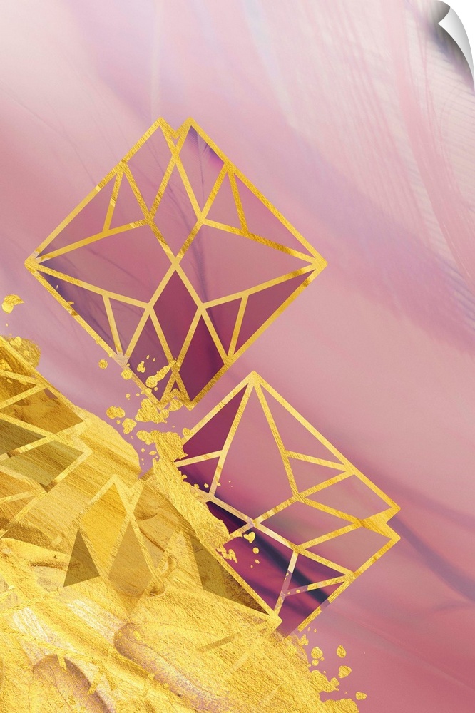Geometric artwork in shades of pink with golden edges and a yellow splash.