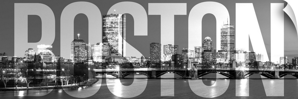 Transparent typography art overlay against a photograph of the Boston city skyline.