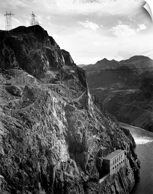 Boulder Dam, 1941, Vertical Of Side Of Cliff With Transmission Lines Above, River