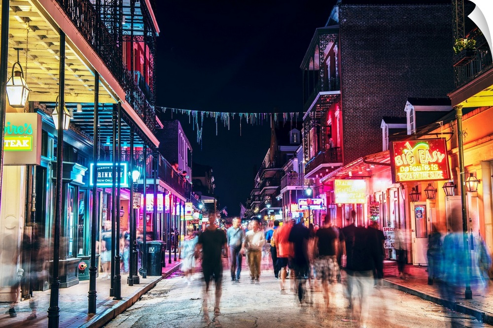 Snapshot of Bourbon street at night in New Orleans, Louisiana.