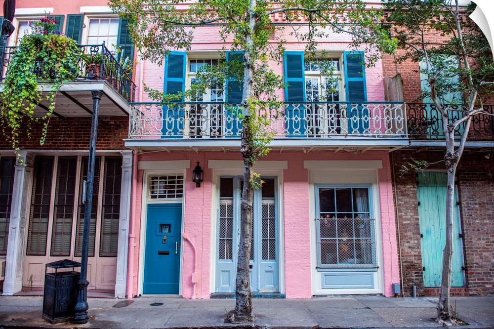 View of brightly colored residences in New Orleans, Louisiana.
