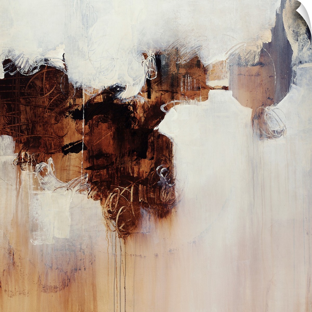 Abstract contemporary painting featuring white spaces swirling into a darker brown center, appearing to be made of rust an...