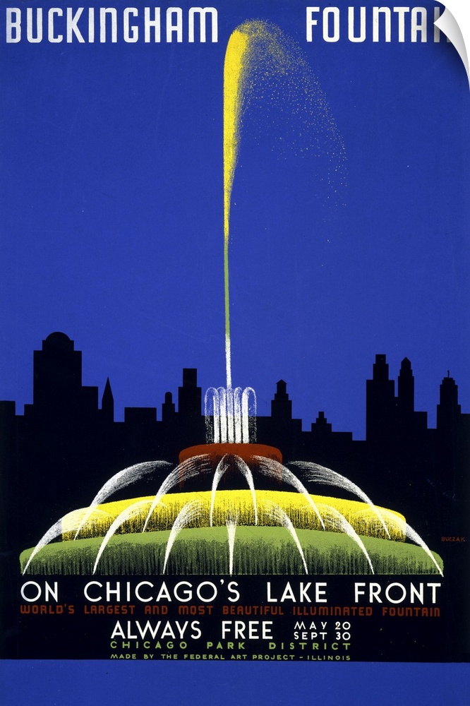 Buckingham Fountain on Chicago's lake front, world's largest and most beautiful illuminated fountain. Poster showing fount...
