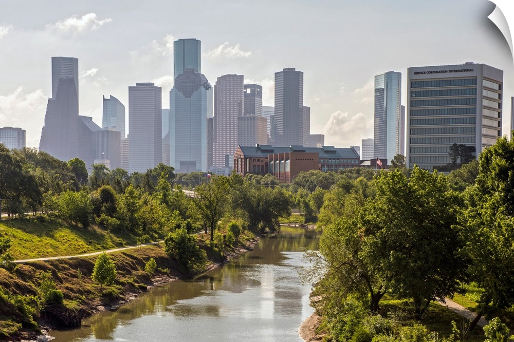 Photograph of the Houston TX skyline viewed from Buffalo Bayou Park.
