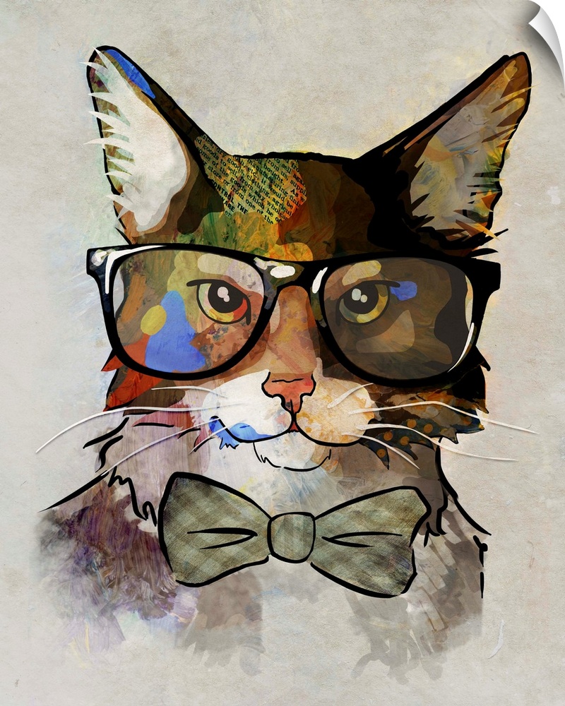 Pop art of a cat wearing large glasses and a bow tie.