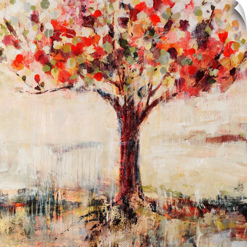 Abstract landscape painting feature a tree done in vibrant, candy-like colors.