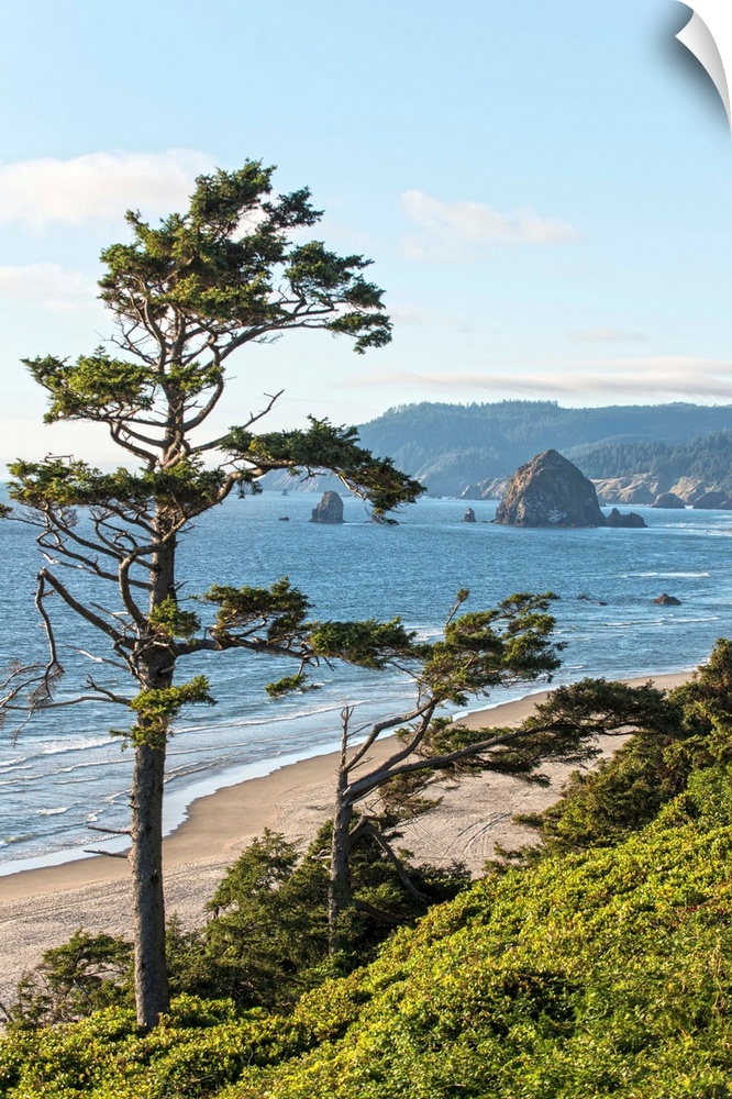 Landscape photograph of Cannon Beach with Haystack Rock in the distance.