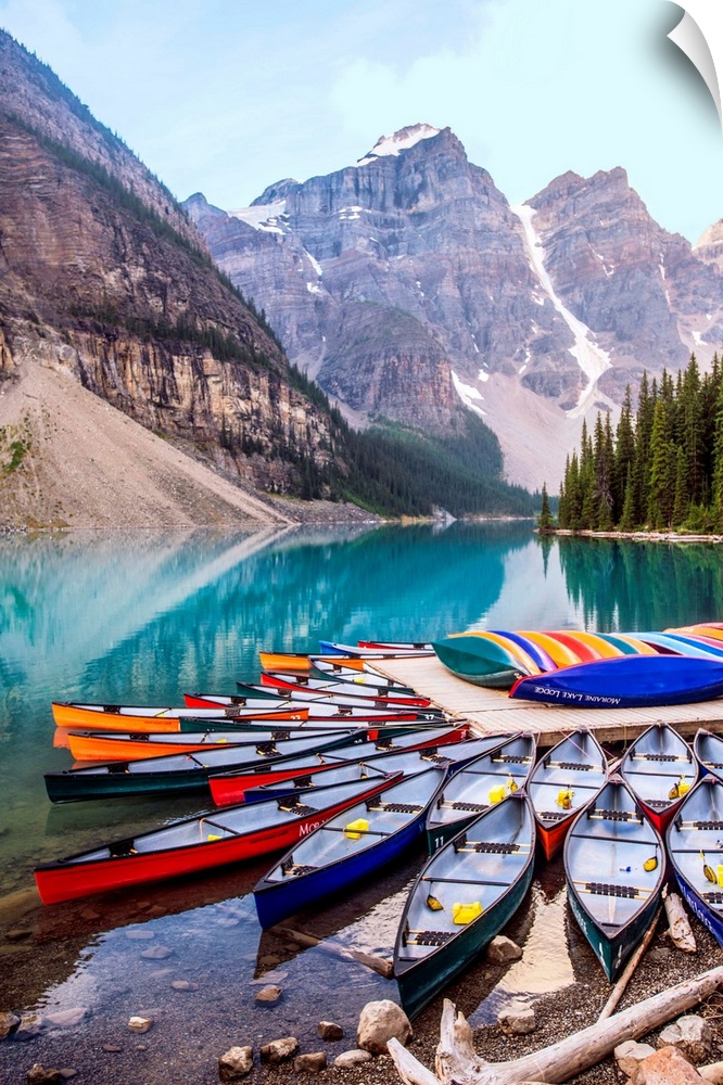 Canoes at Moraine Lake in Banff National Park, Alberta, Canada.