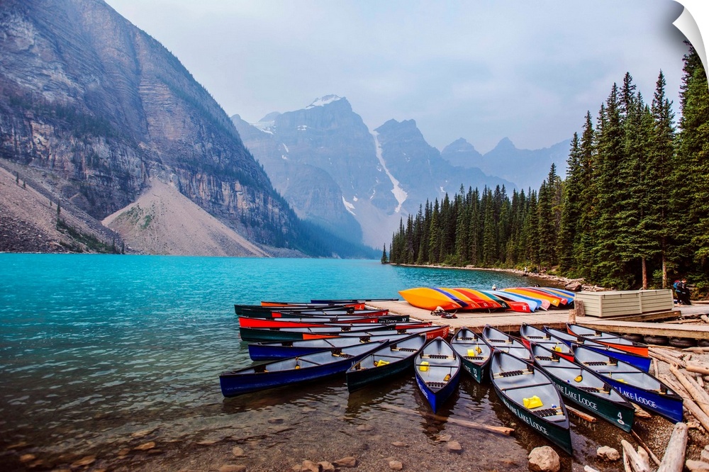 Canoes at Moraine Lake in Banff National Park, Alberta, Canada.