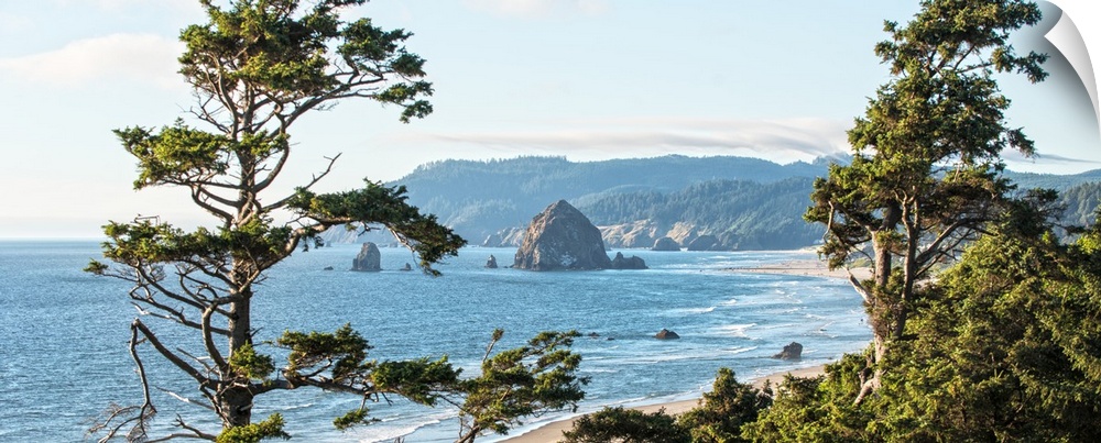 Landscape photograph of Cannon Beach through the trees with Haystack Rock in the distance, Oregon Coast