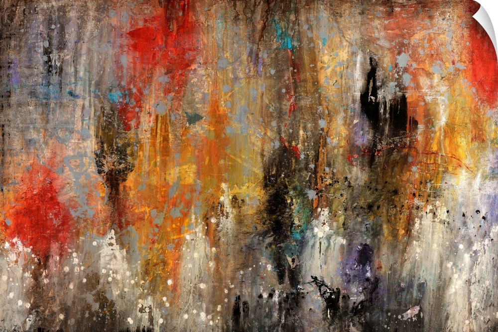 Contemporary abstract painting reminiscent of a mysterious and hazy cave, done with splatters and drips.