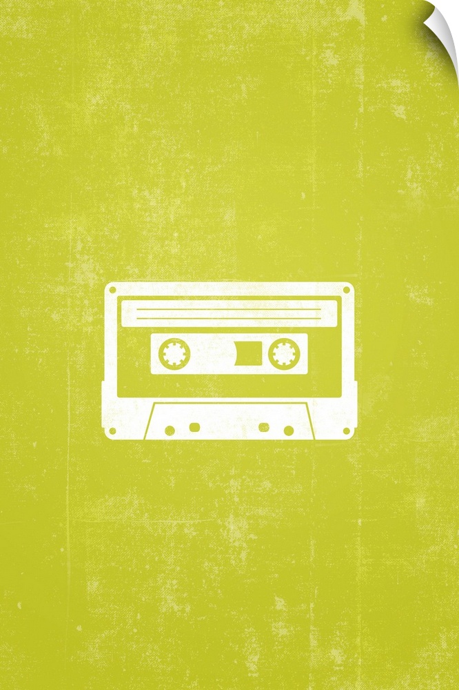Retro artwork that has a silhouette of a cassette tape against a neon green background.
