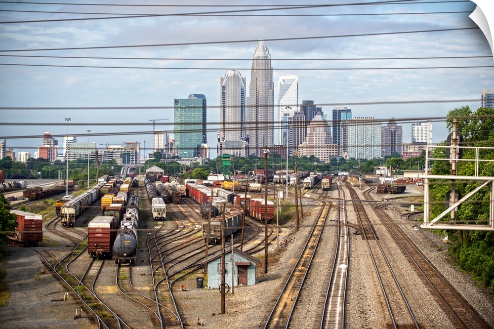 A freight train leaving the city of Charlotte, North Carolina.