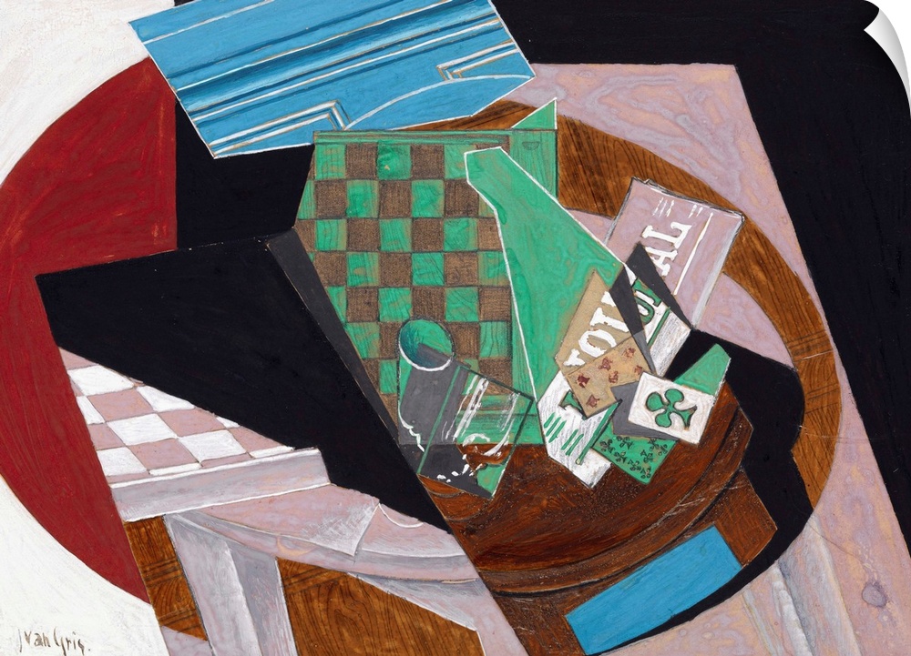 Many Cubist artworks depict dice, game boards, and cards interspersed among bottles of liquor, wineglasses, coffee cups, a...