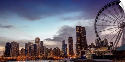 Chicago City Skyline with Ferris Wheel in Foreground, in the Evening