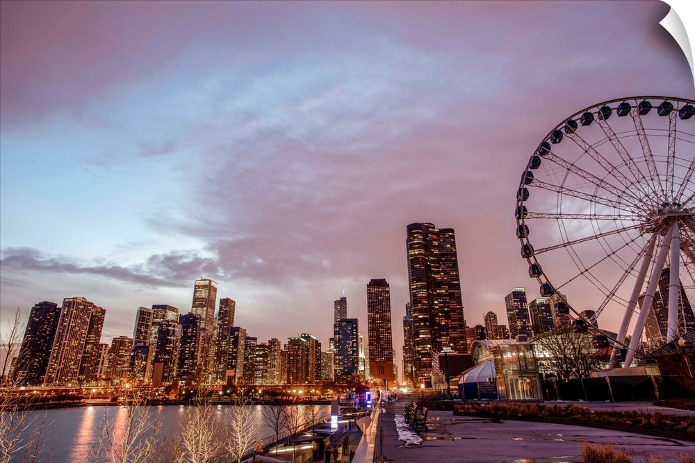 Photo of Chicago skyline with Centennial Wheel from Navy Pier.