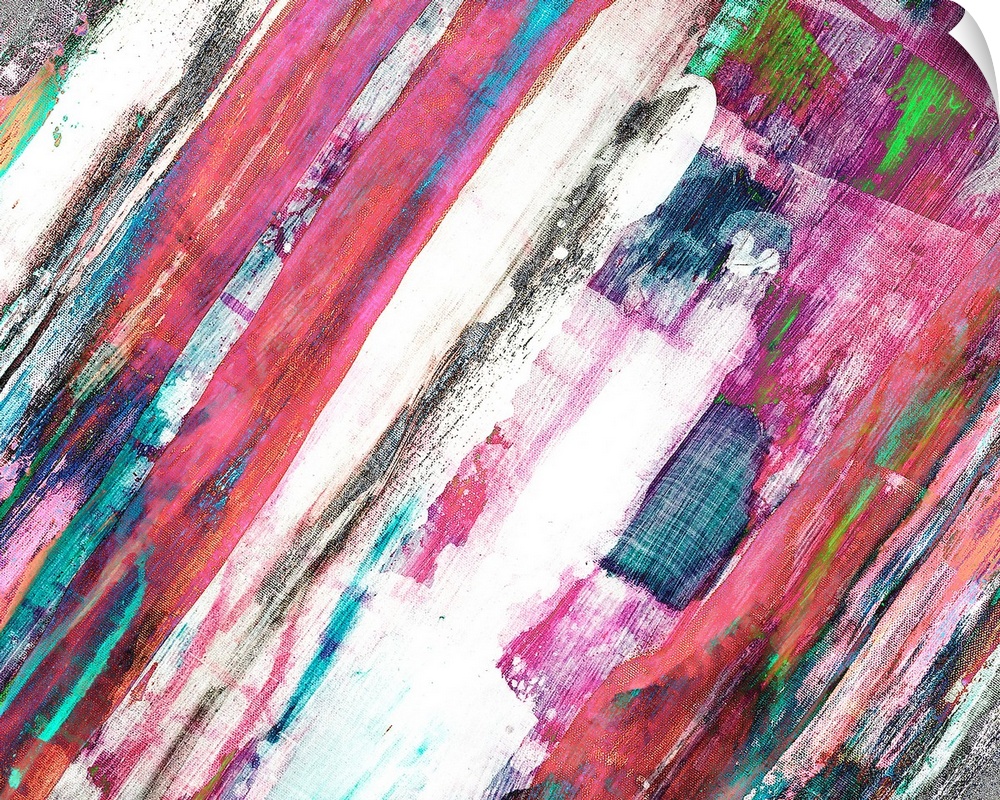 Contemporary abstract of bold angled brush strokes in tones of pink, blue and gray.