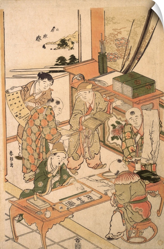 Woodblock print of a group of students learning to use calligraphy.