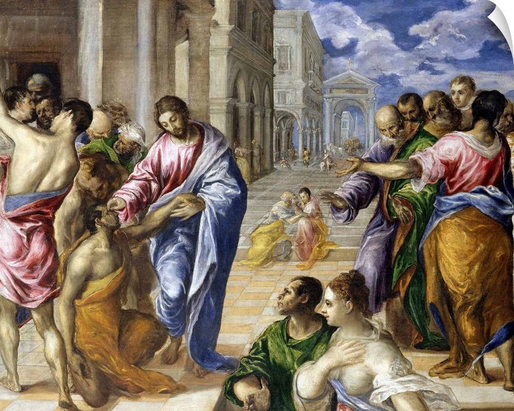 El Greco painted this masterpiece of dramatic storytelling either in Venice or in Rome, where he worked after leaving Cret...
