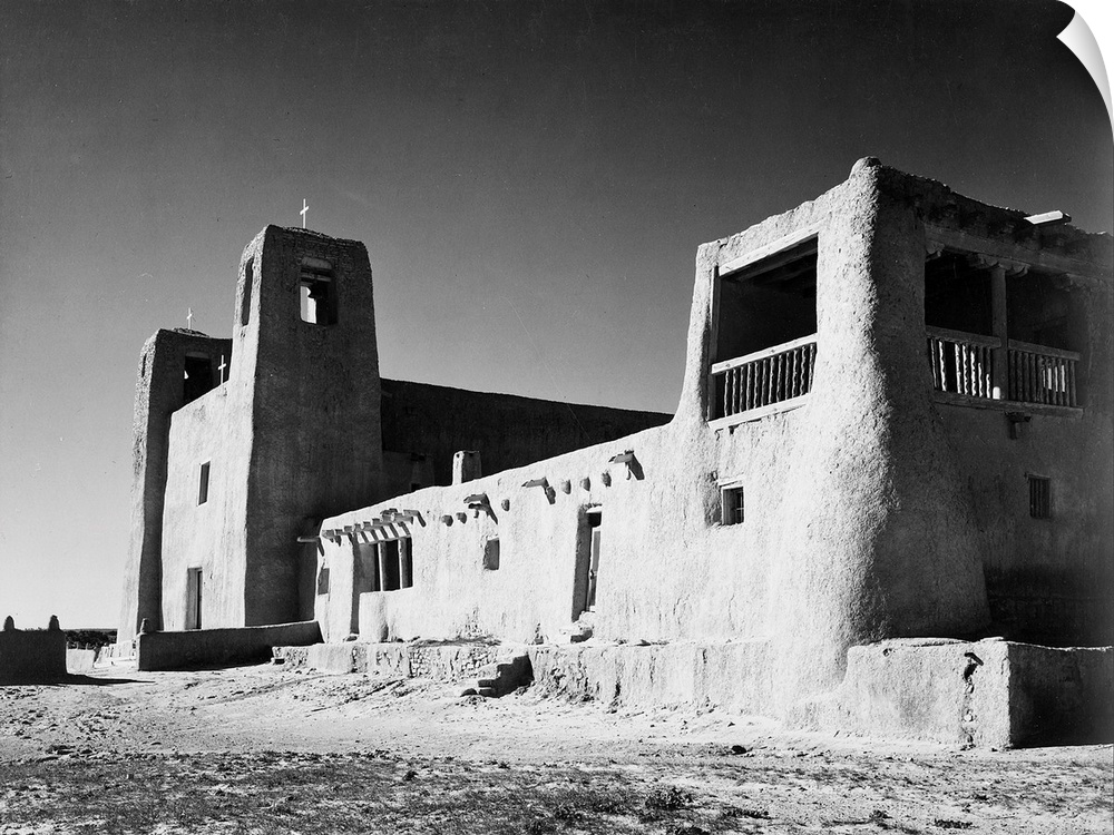 Church, Acoma Pueblo, corner view showing mostly left wall.