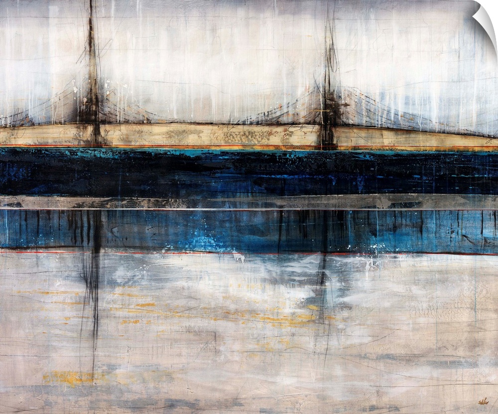 Abstract art piece depicting a bridge in a city spanning across a river.
