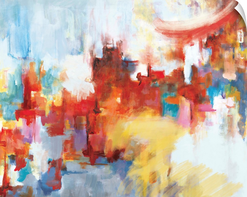 A contemporary abstract painting using mostly warm colors with cool tones shining through like city lights through building.