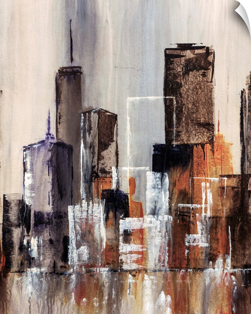 Contemporary abstract painting of cityscape and waterfront. The painting uses simple geometric shapes to create buildings ...