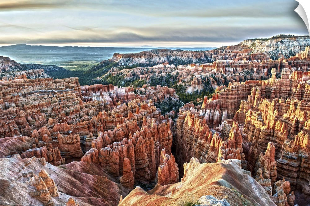 Striped orange and white hoodoos and green pine trees in Bryce Canyon Amphitheater, Bryce Canyon National Park, Utah.