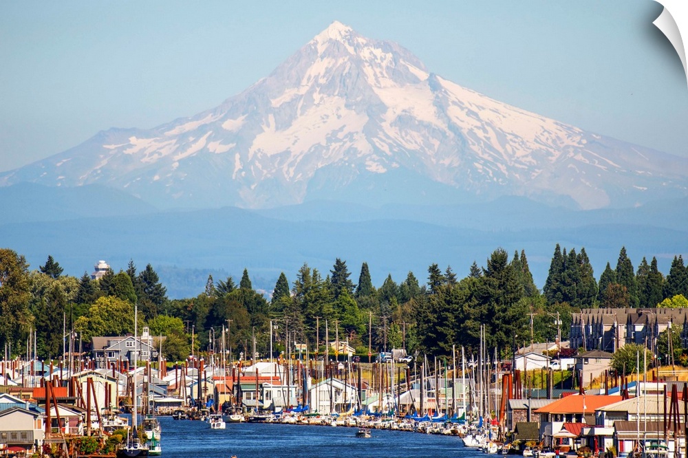 View of a marina in Columbia River with Mount Hood in the background, Portland, Oregon.