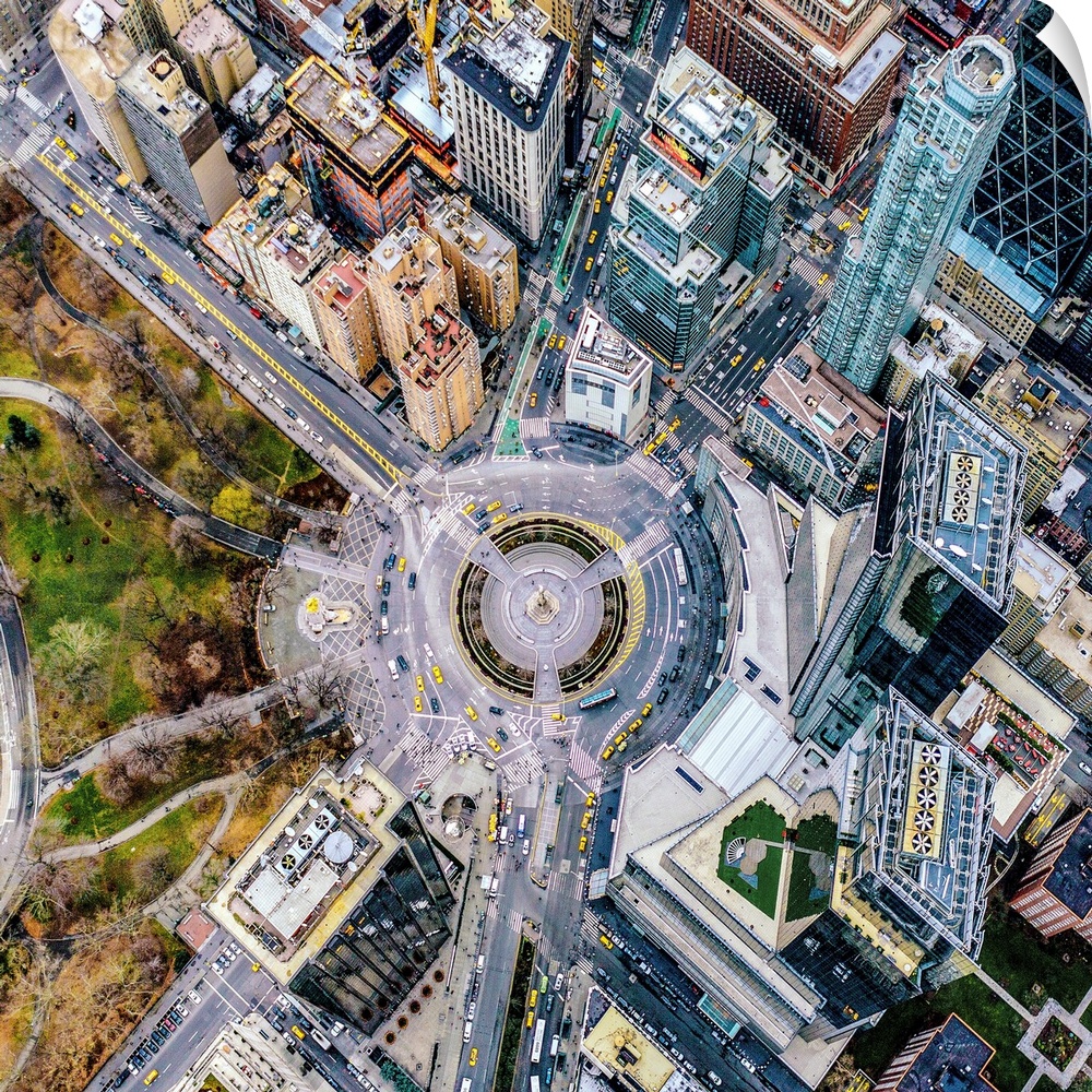Aerial view of Columbus Circle at the edge of Central Park in New York City.