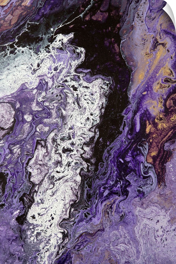 Abstract contemporary painting in black, white and purple tones, in a marbling effect.