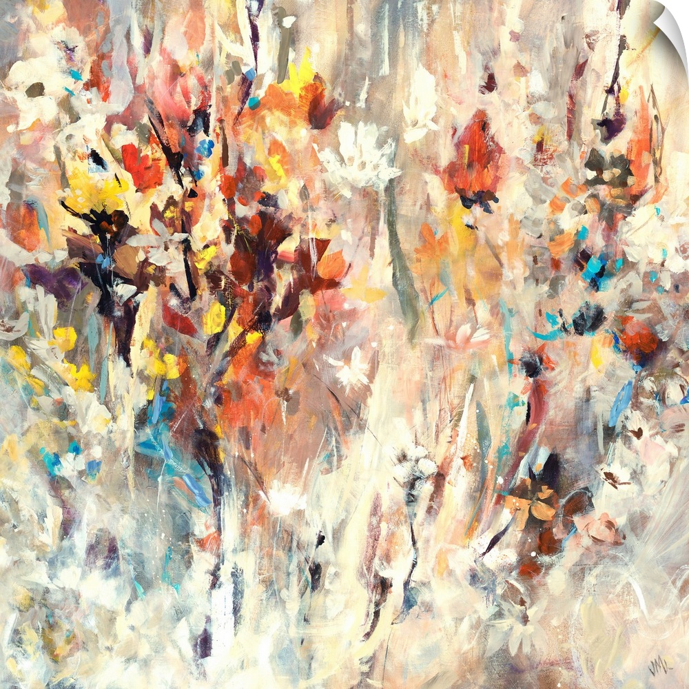 Contemporary painting of many bright flowers, seemingly jumping from the beige background, full of motion and splashes of ...