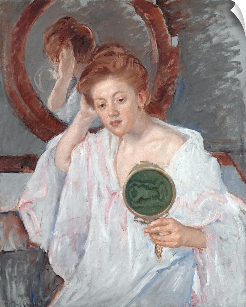 Holding a hand mirror backed with green moire, a pretty auburn-haired young woman-apparently a professional model that Mar...