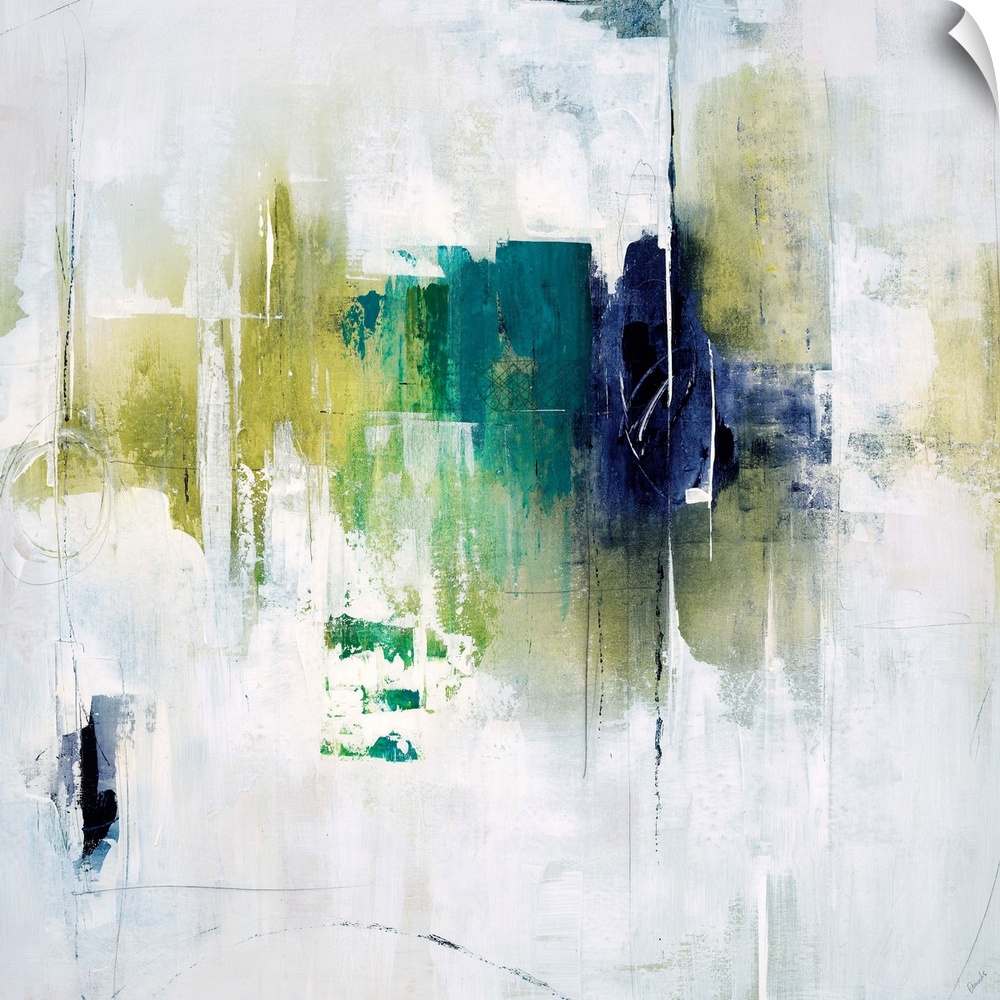 Abstract painting using vivid green and blue tones in gradients on a neutral background.