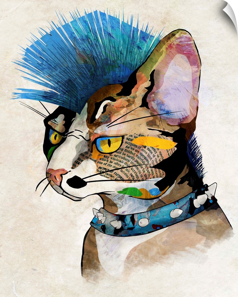 Pop art of a cat with a blue mohawk and a spiked collar.