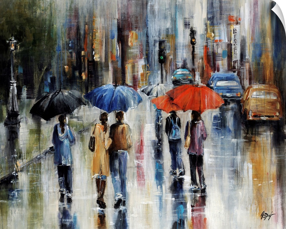 Large painting of people walking in the street with umbrellas. There is a sidewalk to the left of them and cars ahead to t...
