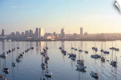 Downtown San Diego And Anchored Sailboats In California