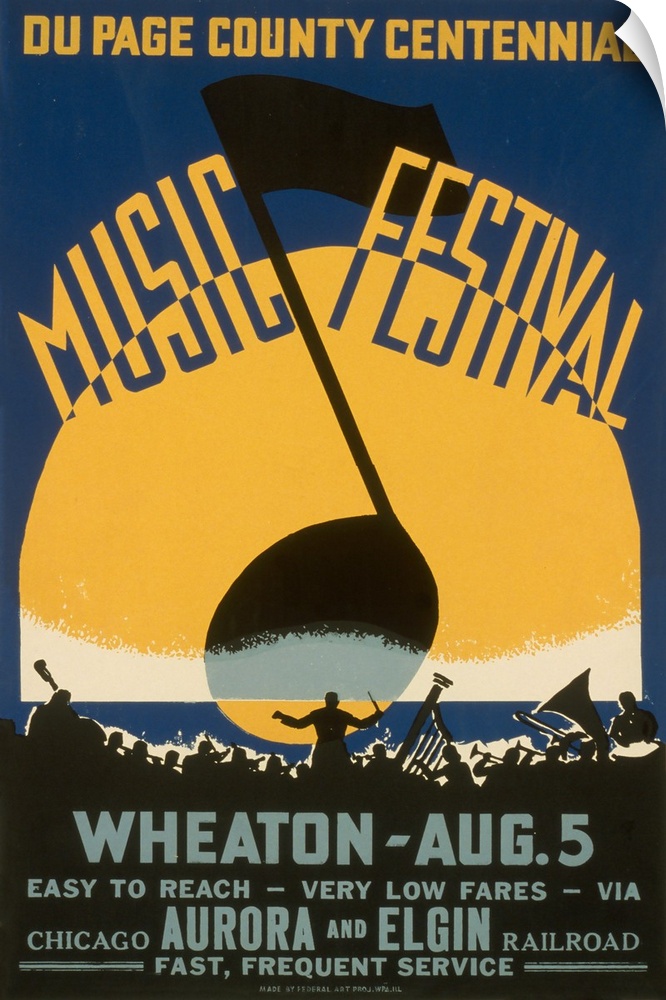Du Page County centennial music festival, Wheaton, Aug. 5. Poster showing the silhouette of an orchestra and a large music...