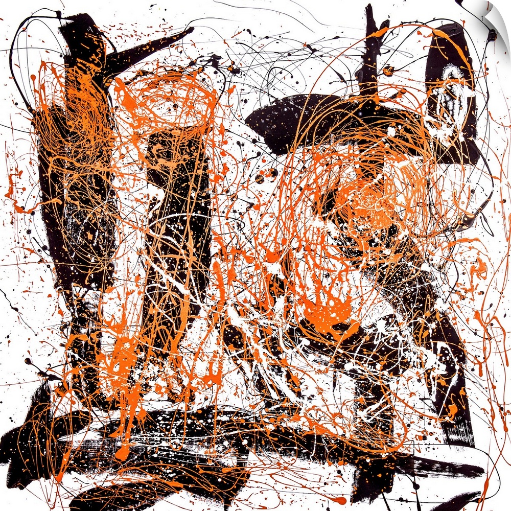 Abstract contemporary artwork in bold black strokes with orange splatters.