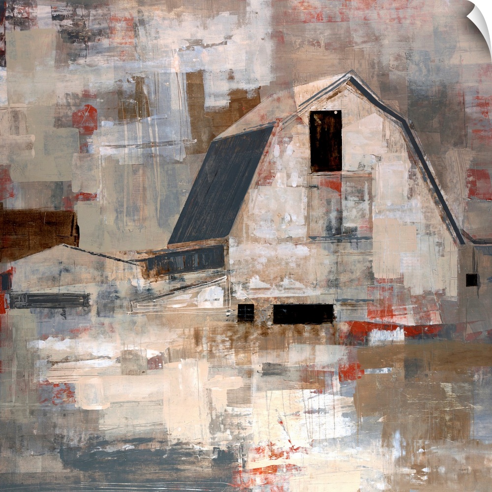 Contemporary artwork of a barn with blocks of colors painted all around it.