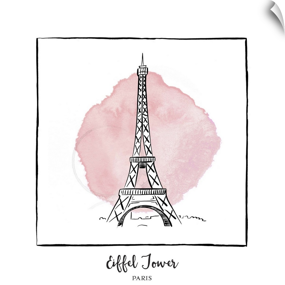 An ink illustration of the Eiffel Tower in Paris, France, with a pink watercolor wash.
