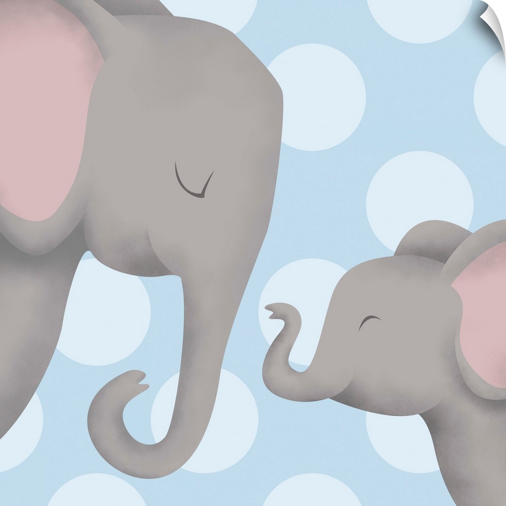 Nursery art of a mother elephant and her baby on a blue polka-dot background.