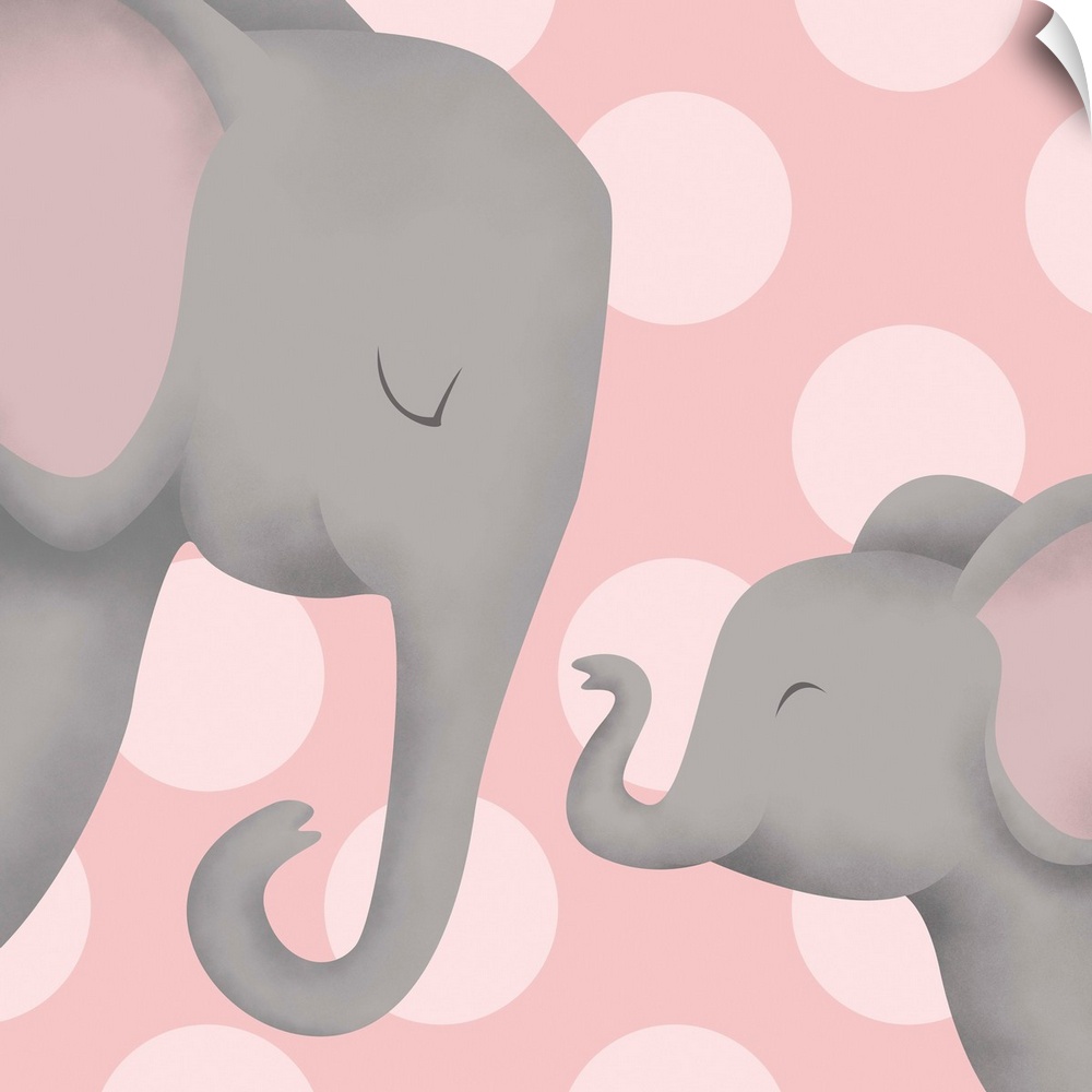 Nursery art of a mother elephant and her baby on a pink polka-dot background.