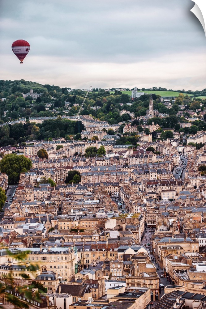 Elevated View Of Bath With Hot Air Balloon, England.