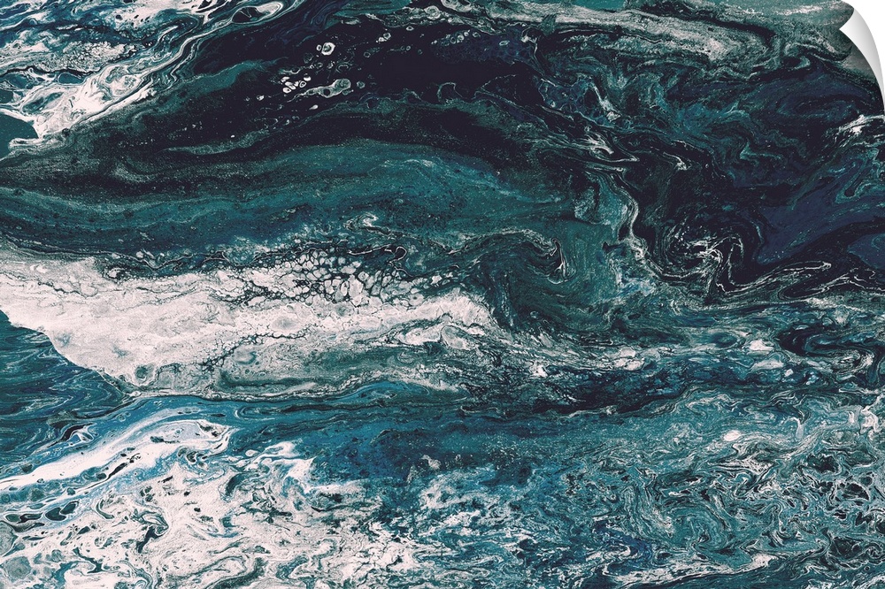 Abstract contemporary painting in black, white and bluel tones, in a marbling effect.