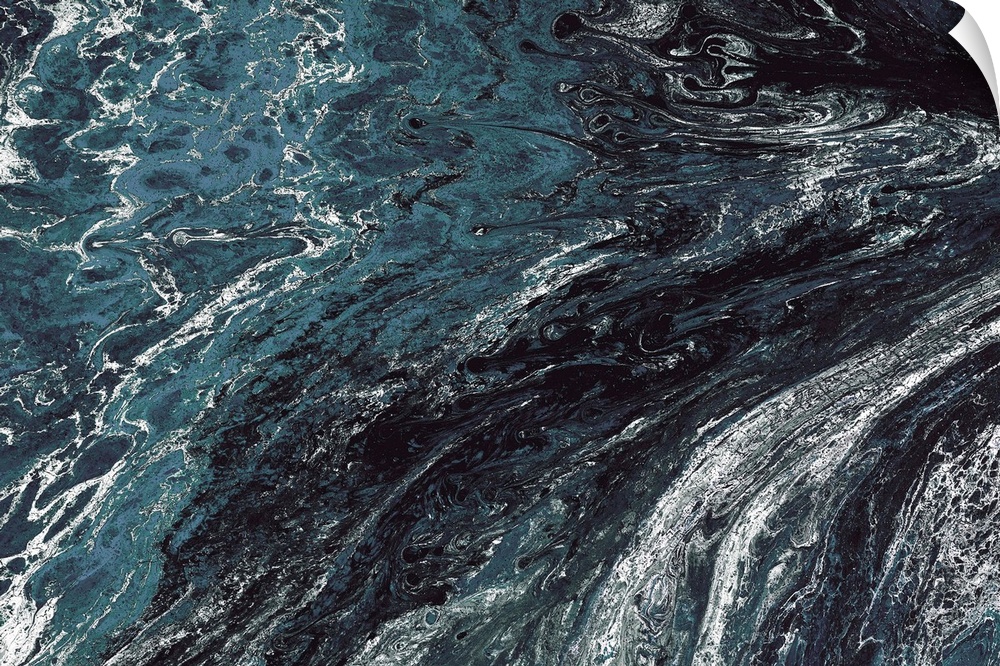 Abstract contemporary painting in black, white and blue tones, in a marbling effect.