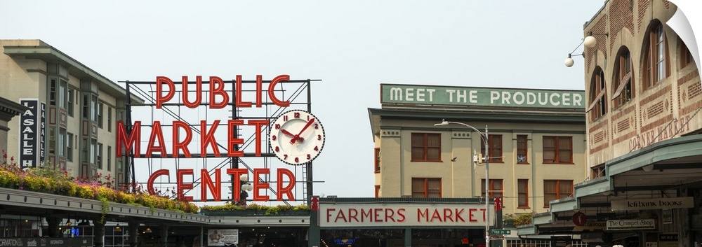 Panoramic photograph of the downtown Farmers Market at Pike Place Market in Seattle, WA.