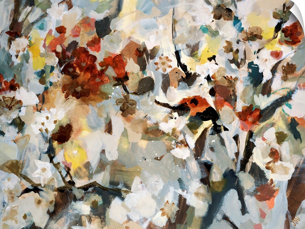 Abstract painting of various types of flowers that are bunched together and uses soft colors.